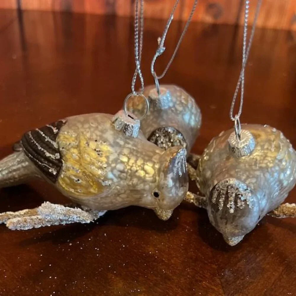 Set Of 3 Glass Bird on brach Christmas Ornaments With Glitter‎ Accents Hanging